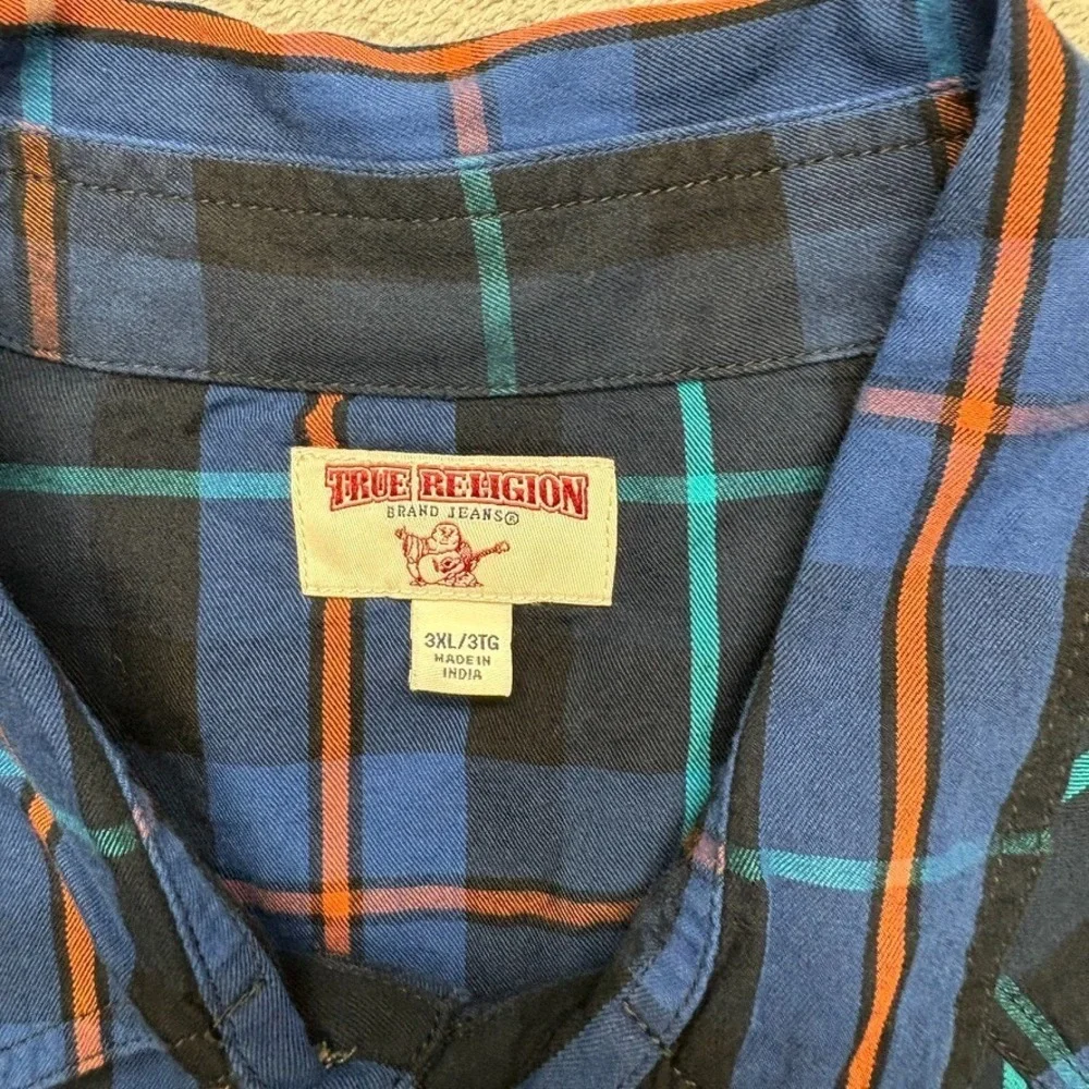 True‎ Religion Button Up Western Plaid Shirt Mens Purple 3XL Flap Horseshoe